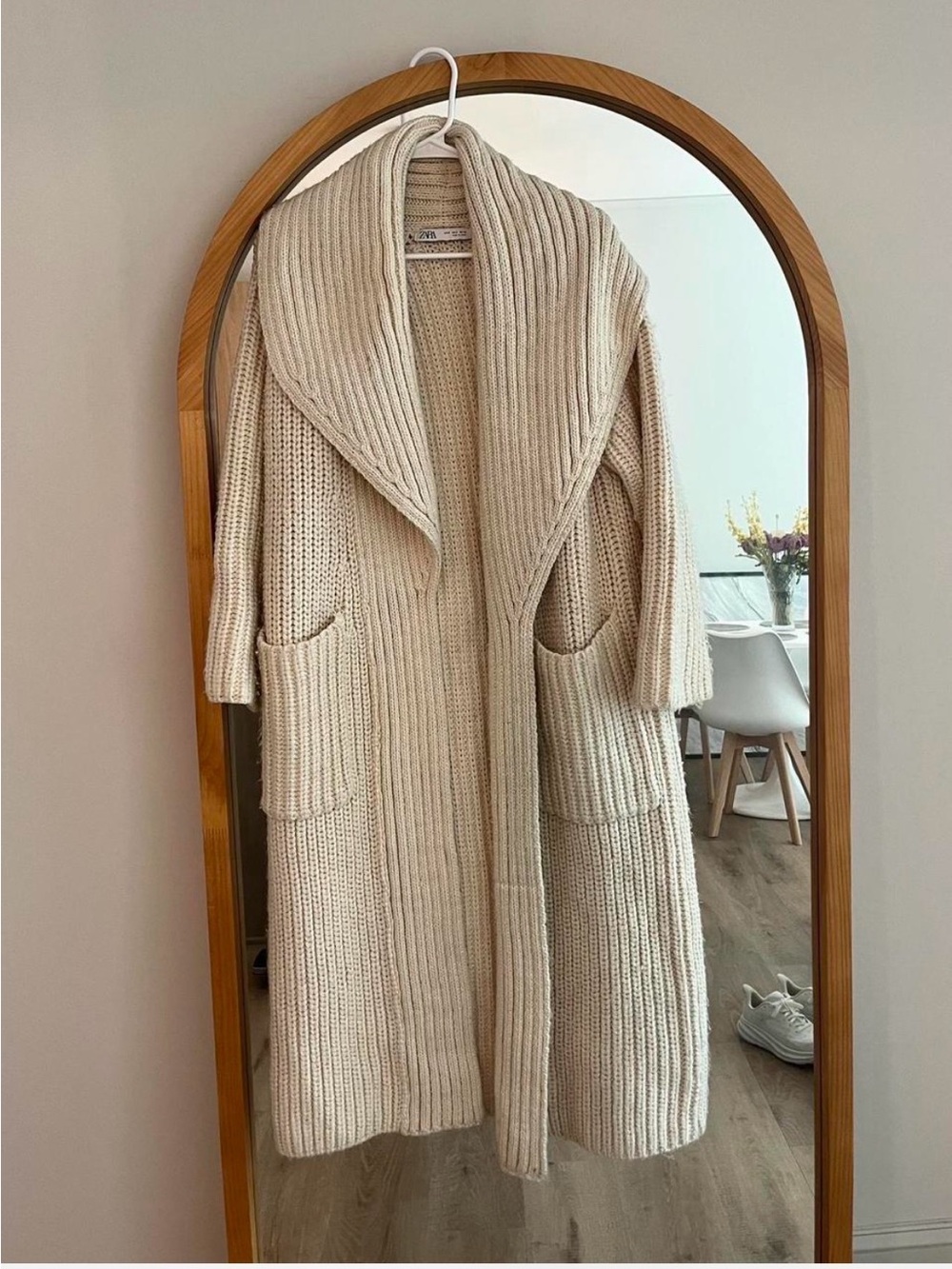 Zara Cream Ribbed Shawl-Collar Long Cardigan Size Small